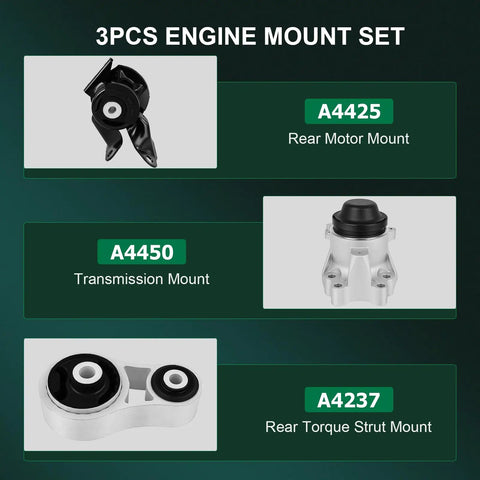 3PCS Engine Mount Set featuring A4425 Rear Motor Mount, A4450 Transmission Mount, and A4237 Rear Torque Strut Mount.