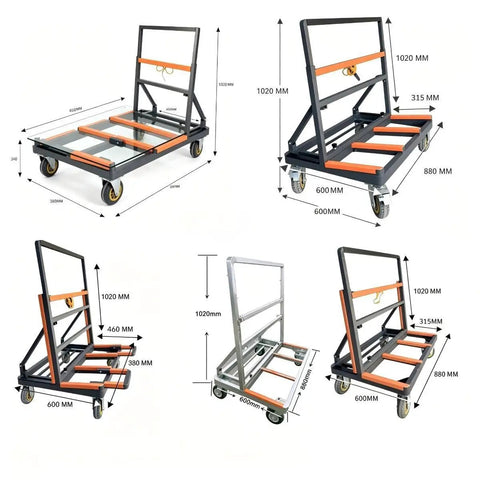 Heavy Duty Steel Glass Transport Cart With Smooth Swivel Casters And Scratch Resistant Pads, Foldable Panel Dolly dimensions and angles.