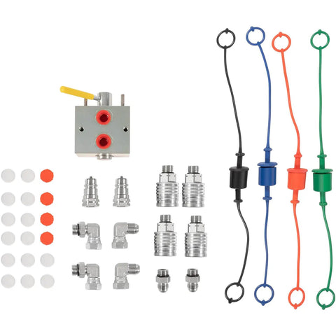 Manual Hydraulic Multiplier With SCV Splitter Diverter Valve Couplers And AG Fittings For 20 GPM Flow At 3000 PSI Max, parts layout.
