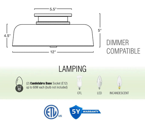 Diagram of 12 Inch Mid Century Modern Black Semi Flush Mount Ceiling Light With Frosted Glass Diffuser 2 Light dimensions and bulb type.