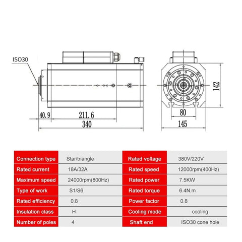 7.5 KW Air Cooled Automatic Tool Change Spindle Motor 24000 RPM ISO30 Taper CNC Router technical specifications and dimensions diagram.