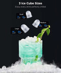 Smart Ice Maker Countertop With Voice Control And WiFi showcasing three ice cube sizes in a chilled beverage.