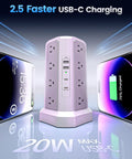 20 In 1 Surge Protector Tower With PD20W USB C Fast Charge, 16 AC Outlets And 4 USB Ports shown with fast charging phones