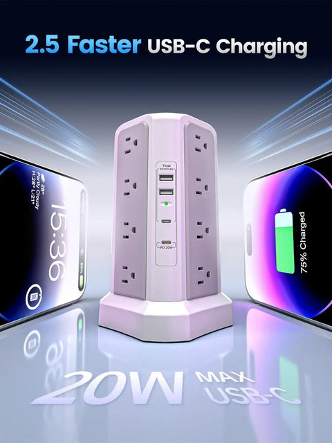 20 In 1 Surge Protector Tower With PD20W USB C Fast Charge, 16 AC Outlets And 4 USB Ports shown with fast charging phones