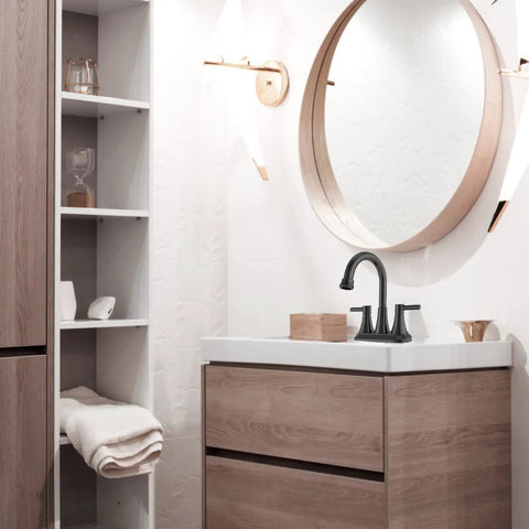 Bathroom with Matte Black Bathroom Sink Faucet With 360 Degree Swivel Spout 2 Handle Centerset Design Lead Free Stainless Steel