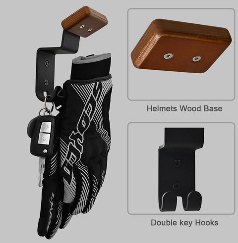 Heavy Duty Helmet Wall Mount Rack With Dual Key Hooks For Motorcycle Gear And Sports Helmets, solid wood and steel