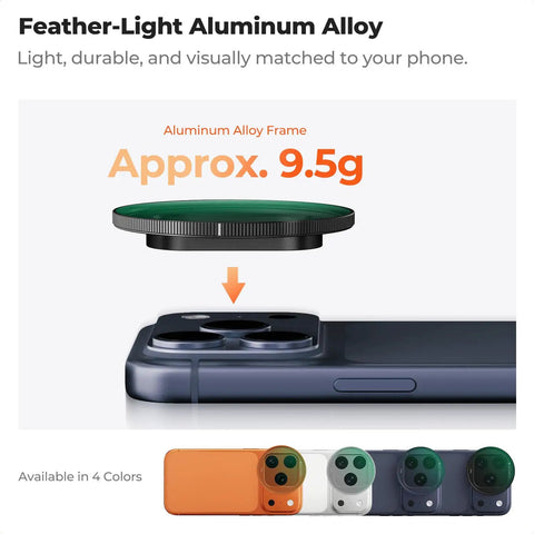 Slick Snap On CPL Filter for iPhone 17 Pro Max, ultra-light 9.5g, aluminum alloy, shown with Deco Mount, available in 4 colors.