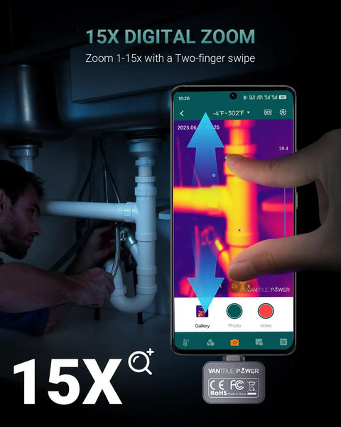 Thermal Imaging Camera For Android With 512x384 Super Resolution And 25Hz Refresh Rate From Minus Four To One Thousand Twenty Two Fahrenheit Infrared Imaging For Android Phones And Tablets showing 15x digital zoom on a phone under a sink.