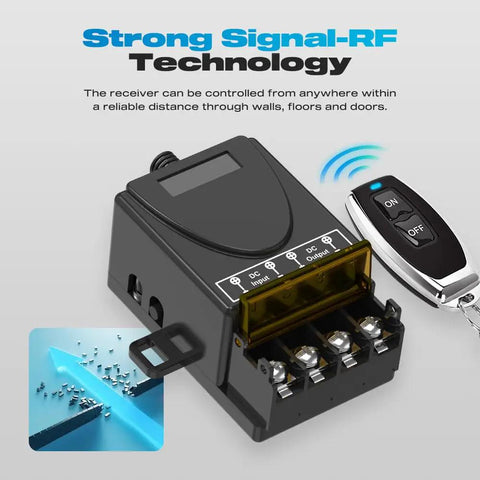 Wireless 12V Remote Switch With 30A Relay, 433MHz RF Control For 12V-72V DC Motors, shown with RF remote and installation kit