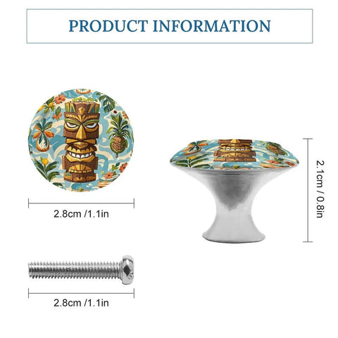 Vintage Aloha Tiki Pattern Cabinet Knobs 2 Pack Round Stainless Steel Drawer Pulls with screw and dimensions