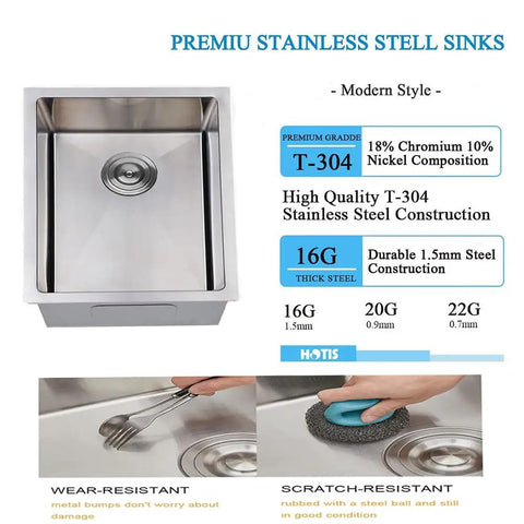 Undermount Bar Sink For Kitchen And RV Outdoor Use 15 By 17 Inch Single Bowl Brushed Nickel 18 Gauge Stainless Steel T 304