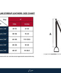 Size chart for Dope Premium Calfskin Stirrup Leathers With Non Stretch Nylon Core 1 Inch Wide English Saddle Straps 48 to 62 Inches