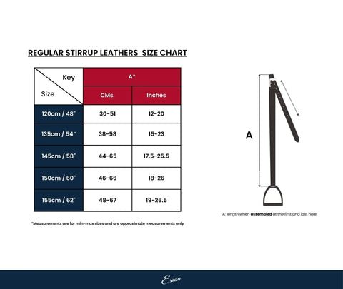 Size chart for Dope Premium Calfskin Stirrup Leathers With Non Stretch Nylon Core 1 Inch Wide English Saddle Straps 48 to 62 Inches