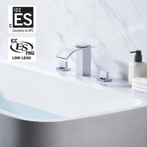 Three Hole Deck Mount Roman Tub Faucet With Slick Waterfall Spout And Valve, Chrome Finish, High Flow 8.58 GPM At 60 PSI