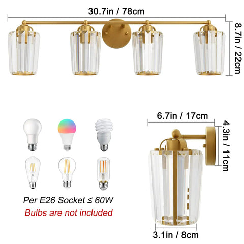 Gold Crystal Vanity Light For Bathroom, Four Light Modern Fixture With Dimmable E26 Socket, Bulbs Not Included, Easy Install.