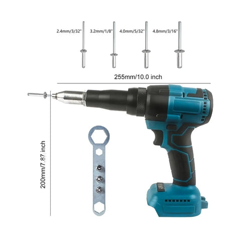 Brushless Cordless Electric Rivet Gun With Two Rechargeable Batteries For Metal Auto Repair And Leather Diy Projects That Handles Tough Jobs Without Breaking A Sweat, showing tool size and included rivets.