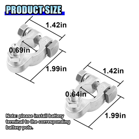 Heavy Duty Car And Marine Battery Terminal Connector Kit With Pure Copper Clamps dimensions showing 1.42in and 1.99in sizes.