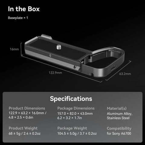 Baseplate For Sony Alpha 6700 With Built In Arca Quick Release Plate And Bottom Mount, dimensions displayed, compatible with DJI.