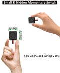 Hand holds Momentary Push Button Switch 12V 24V Prewired Surface Mount With 20 Inch Lead Easy Install, 0.65 inch dimensions shown
