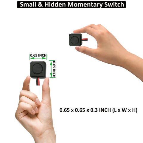 Hand holds Momentary Push Button Switch 12V 24V Prewired Surface Mount With 20 Inch Lead Easy Install, 0.65 inch dimensions shown