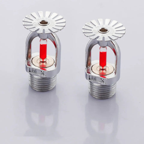 Heavy Duty 6 Pack Automatic Fire Sprinkler Heads Featuring A Quick Acting 68 Degree Liquid Pendant Design For Straight Up Reliable Ceiling And Wall Coverage - close-up view of two chrome sprinkler heads with a red liquid indicator.