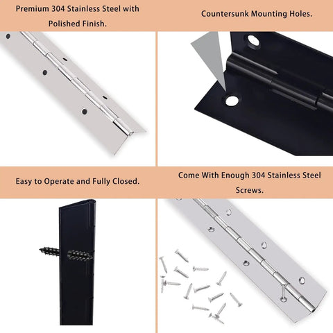 Two Pack Heavy Duty Black Piano Hinges 36 Inch Long By 2 Inch Open Width, Stainless Steel Continuous Hinge with screws, detail view