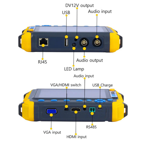 Back view of Portable 5 Inch CCTV Monitor And Camera Tester On The Go 4 In 1 8MP AHD TVI CVI CVBS 1080P Coaxial HD Video Tester with ports labeled.