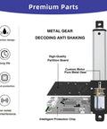 Diagram of Compact 12V Linear Actuator With 1 Inch Stroke, showcasing metal gear, anti-shaking feature, and protection design.