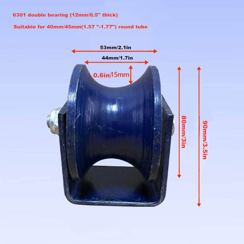 Side view of Heavy Duty Cast Iron Gate Caster Wheel For Inverted Track And Sliding Barn Doors 80mm Roller with measurements.