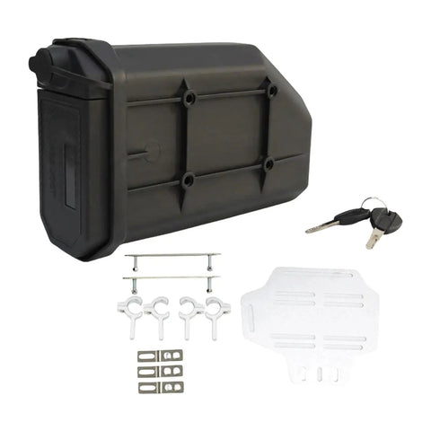 Badass Motorcycle Side Tool Box For CRF1000L Cargo Rack with slam-in hardware, weather-resistant black metal shell and keys.