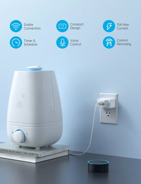 Super Solid 15A WiFi Smart Plug And Bluetooth Outlet 4 Pack Featuring Effortless Group Control And Voice Assistant Compatibility For Hassle Free Smart Home Automation Anytime, with a humidifier and smart speaker setup.
