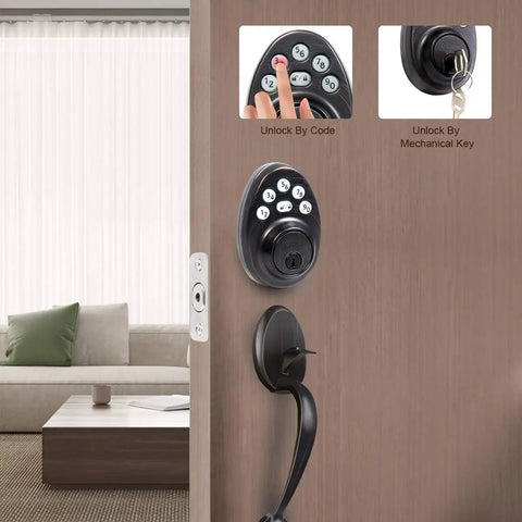 Oil Rubbed Bronze Front Door Lock Set With Keyless Entry And Handle Electronic Keypad Deadbolt Smart Lock open door view