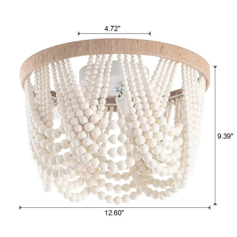 Boho Bohemia Wood Beaded Flush Mount Ceiling Light Three Light Fixture With White Finish, 12.6x12.6x9.39 inches
