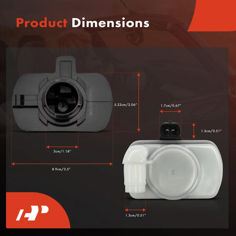 Dimensions of Fuel Vapor Leak Detection Pump Replacement Direct Fit for Jeep Cherokee, Compass, Dodge Charger shown.