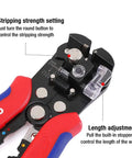 Close-up of self adjusting wire stripper and crimper with automatic cutting for copper and aluminum wire 8 inch, red and blue handles.