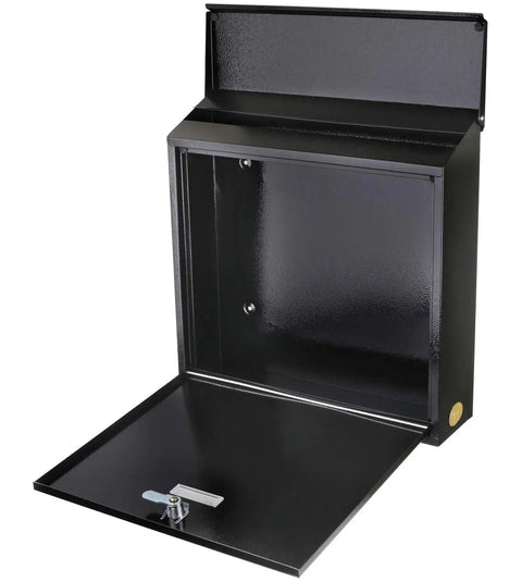 Open view of a sturdy steel metal mailbox for home and office wall mount drop box with wide slot lockable mail hatch, black finish