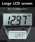 Digital Caliper 0.01mm, Stainless Steel, 0-150/200/300mm displaying large LCD screen with measurement reading of 12.97mm.