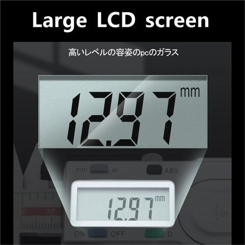 Digital Caliper 0.01mm, Stainless Steel, 0-150/200/300mm displaying large LCD screen with measurement reading of 12.97mm.