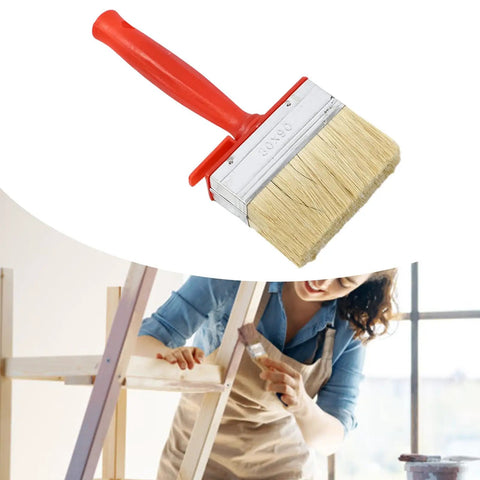 Four Piece Pro Grade Stain Applicator Set With Natural Bristles For Deck And Furniture Coating Projects, shown with red handle