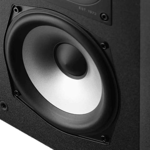 Close-up of 5.25-inch woofer on XT15 Monitor Bookshelf and Surround Sound Speakers Pair With Hi Res Audio Certified, Midnight Black