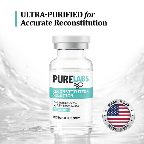 Reconstitution Solution vial, 3 mL, clear glass with silver cap; PureLabs label and Made in USA badge.
