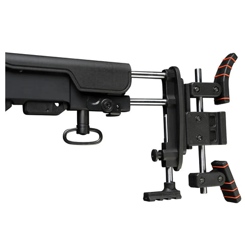 Side view of TacBoss PCP Air Rifle .25 Caliber stock, showcasing the adjustable buttplate and shrouded barrel features