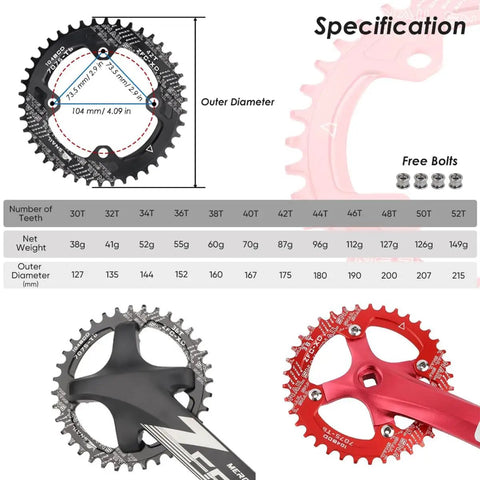 104 BCD Chainring 40T To 52T CNC 7075 Aluminum Narrow Wide Round Design For MTB Road Ebike detailed specifications chart