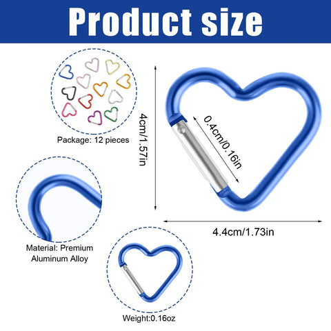 Blue heart-shaped carabiner with star design, dimensions 4.4cm x 4cm, aluminum alloy, part of 10 Pack Heart Shaped Carabiners With Star Design.