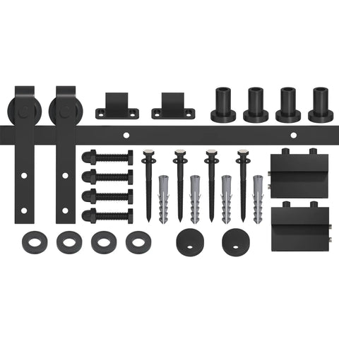 Hella Smooth Five Foot Sliding Barn Door Hardware Kit With Rock Solid Heavy Duty Track Rails And Easy Peasy Roller Wheels For Single Door Up To Thirty Inches Wide Zero Fuss Installation includes screws, track, and rollers.