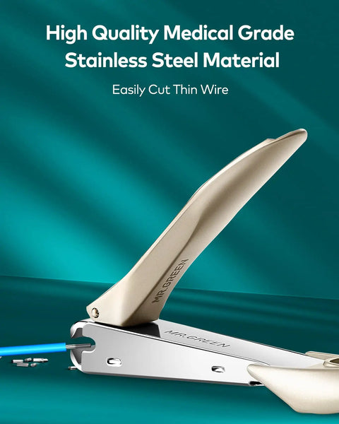 Close-up of Three Piece Nail Clipper Set With Anti Splash Fingernail Clippers And Ear Pick Stainless Steel Nail Cutter Kit For Men And Women Includes Straight Edge And Oblique Edge Clippers Plus Leather Case Pro Grade Quality showing open stainless steel clipper.