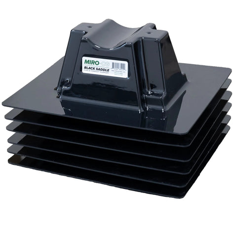 Front view of black MIRO-CG saddle rooftop pipe support with stacked base plates.