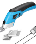 Cordless Electric Scissors With Knockout Power For Zero Fuss Fabric Cutting And Cardboard Trimming Featuring Dual Angle Blades, blue ergonomic handle.