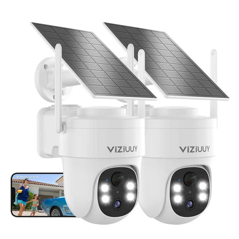 Two solar powered wireless outdoor security cameras with 3MP resolution, pan tilt 360 degree WiFi, color night vision, PIR motion sensor, two way audio, compatible with Alexa and Google Assistant.
