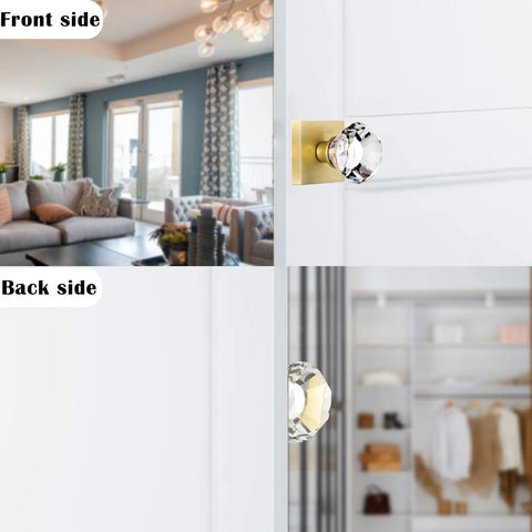 Crystal Glass Dummy Door Knob Set With Satin Brass Finish Non Turning Interior Knobs For Bifold Closets And Hall Doors Diamond Square Crystal Knobs Decorative 4 Pack Upgrade shown on a white door inside a modern living room and closet setup.